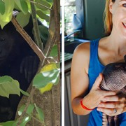 Monkey and Dr. Ruth MacPete holding an armadillo